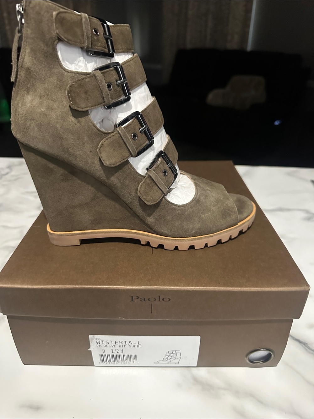 Paolo Olive Suede Strapped Wedge Sandals